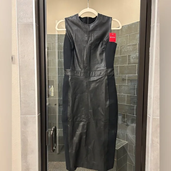 NWT SPANX faux leather paneled shift dress XS Extra Small color NWT SPANX faux leather paneled shift dress XS Extra Small color